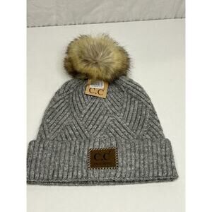 C.C Exclusives Pom Beanie Gray Diagonal Stripe Winter Hat Cap